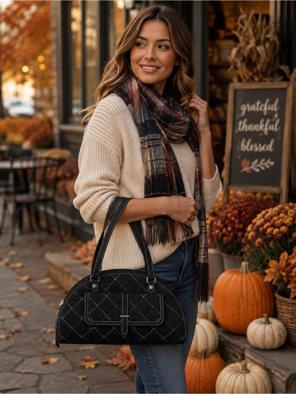 Vera Bradley Sausalito Quilted Handbag in Black Microfiber & Blue Stitch Detail - Picture 7 of 12